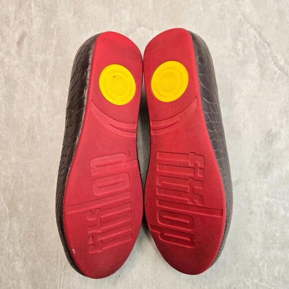 Fitflop Ballet Flats Brown Leather Croc Embossed Slip On Low Wedge Comfort Shoes - Picture 7 of 10